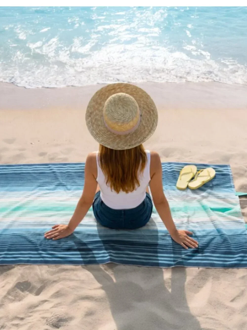 2-in-1 Beach Towel and Tote Bag by Himatsingka | Aqua & Blue Striped | NWT